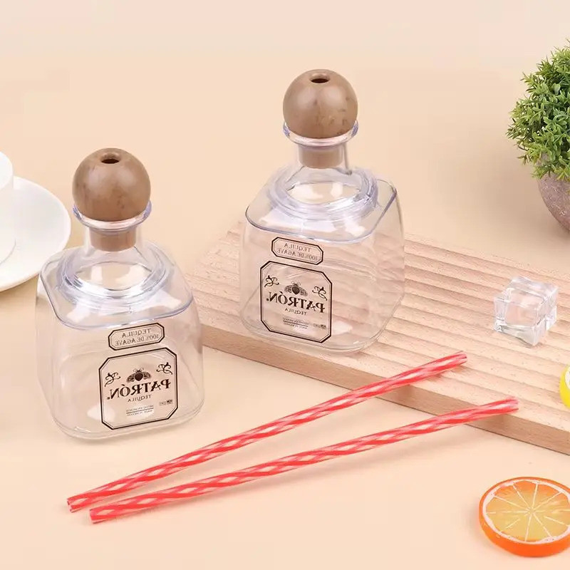 375ml Mini Tequila ขวดอะคริลิคนํากลับมาใช้ใหม่ถ้วยฟางขวดผู้อุปถัมภ์ขนาดเล็กที่ว่างเปล่าสําหรับดื่ม