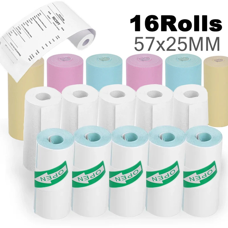 กระดาษเครื่องพิมพ์ความร้อน 16 ม้วน 57x25 มม.กระดาษความร้อนแบบมีกาวในตัว HD เครื่องพิมพ์ฉลากสีสําหรับเครื่องพิมพ์พกพาขนาดเล็กไร้หมึก