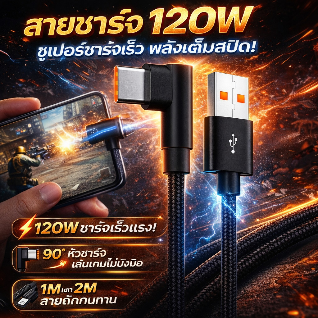 สายชาร์จ 120W 6A ชาร์จไวพิเศษ หัวงอ 90องศา สายถักพรีเมียม ไม่ร้อน ทนทาน Type-C / Micro /IOS 1m 2m