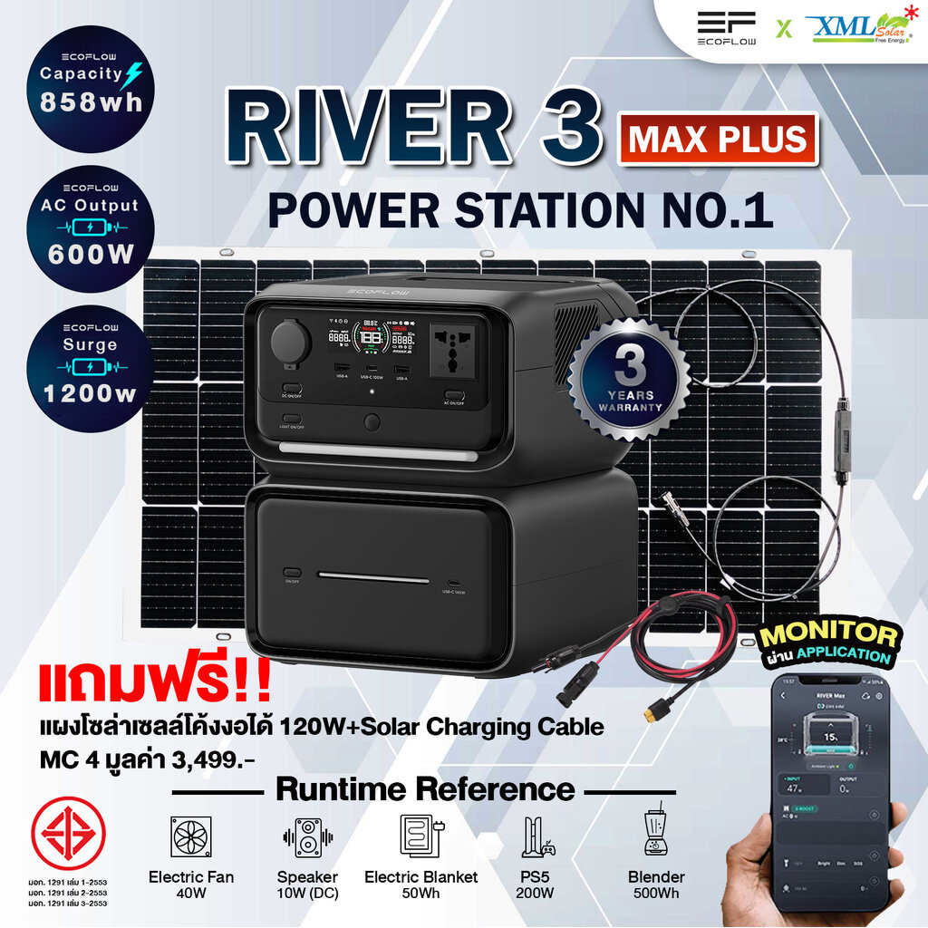 ชุดไฟอเนกประสงค์โซล่าเซลล์ รุ่น RIVER 3 MAX PLUS (กำลังสูงสุด 1200W) + แผงโซล่าเซลล์แบบโค้งงอได้ 120