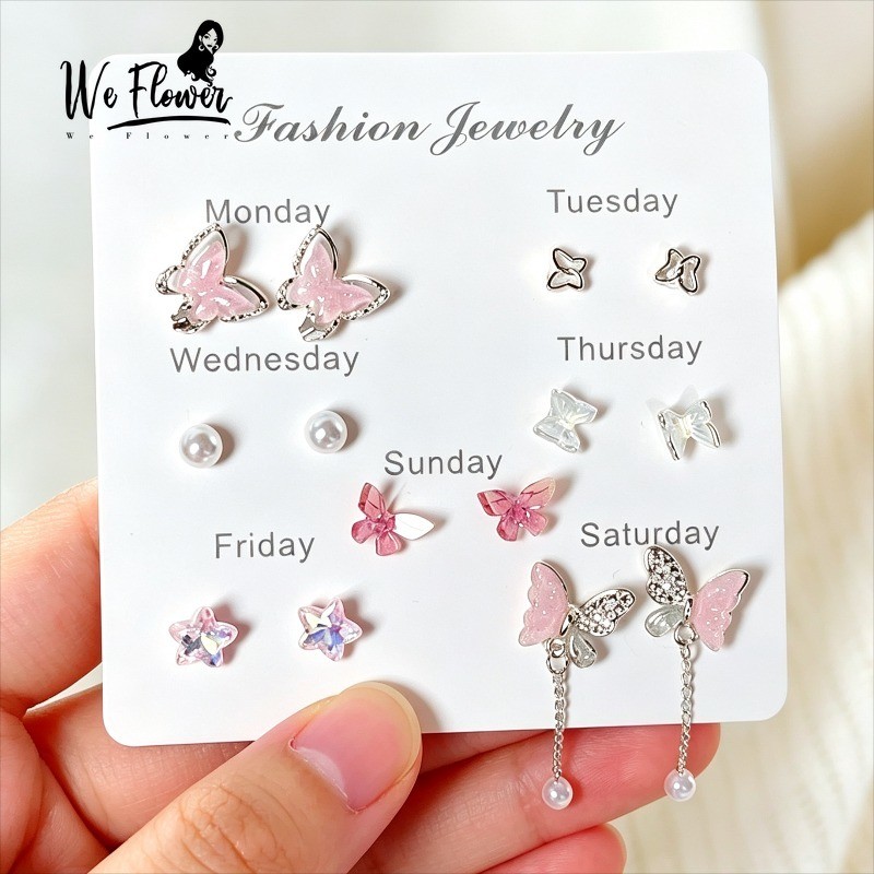 We Flower ชุดต่างหูผีเสื้อสีชมพู ทำจากเงินSterling Silver 925 พร้อมคริสตัล เพอร์เฟคสำหรับงานแฟชันและโอกาสพิเศษ