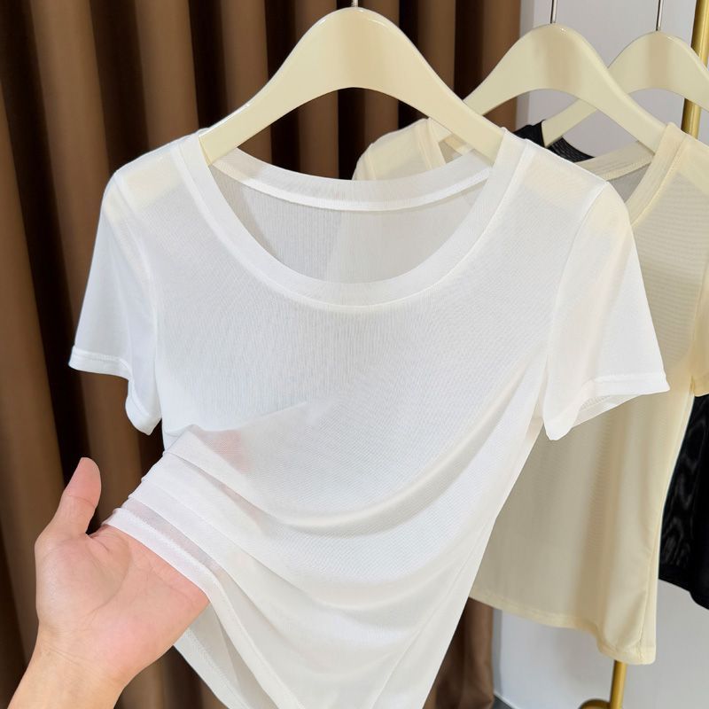 ผ้าไหมน้ําแข็งซีทรูตาข่ายแขนสั้นเสื้อยืดผู้หญิงฤดูร้อนขนาดใหญ่รอบคอกระโปรงแขวนด้านในลูกไม้บาง จุดต่ํ