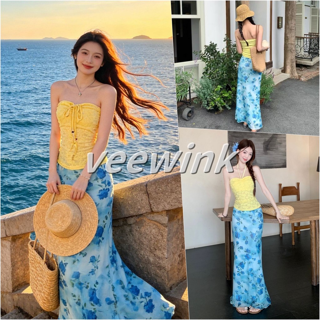 Veewink Set สําหรับผู้หญิง 2 ชิ้น เสื้อเกาะอกคล้องคอ+กระโปรงตาข่ายพิมพ์ลาย