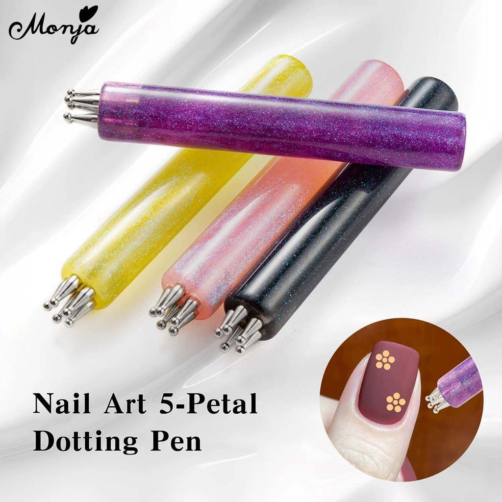 Monja เล็บ Dotting ปากกา 5 กลีบ Polka Dot ภาพวาดกลีบดอกไม้ เครื่องมือ Rhinestones วาดปากกา pens