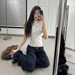 JJ Shop​💜พร้อมส่ง เสื้อกล้ามผู้หญิงผ้าลูกไม้ไม่มีแขนโชว์ไหล่ คอสูง กระชับ ทำให้ดูผอม สีพื้น-FY1235
