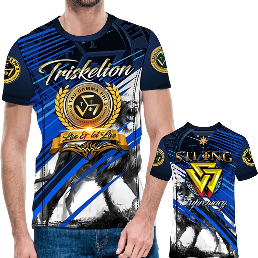 TRISKELION Fratshirt Full Sublimation (ไม่ปรับแต่ง) เสื้อยืดผู้ชายสีฟ้าขนาด S-3XL 3D T เสื้อขนาด XXS