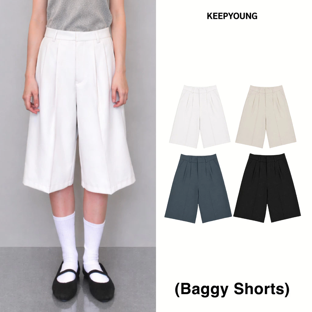 KEEPYOUNG [S-3XL] กางเกงขาสั้น 24 นิ้ว เอวสูง 2 จีบหน้า เก็บทรงสวย ผ้าหนา รุ่น BAGGY SHORTS
