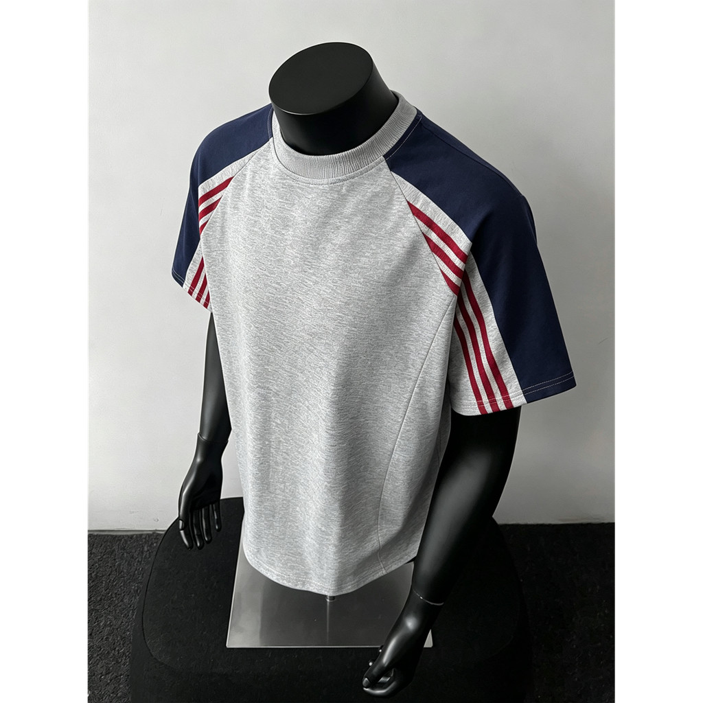 Unisex Three Stripe Spliced Short Sleeve Tee American Heavyweight Crew Neck Loose Lazy Youth Sports Casual Top