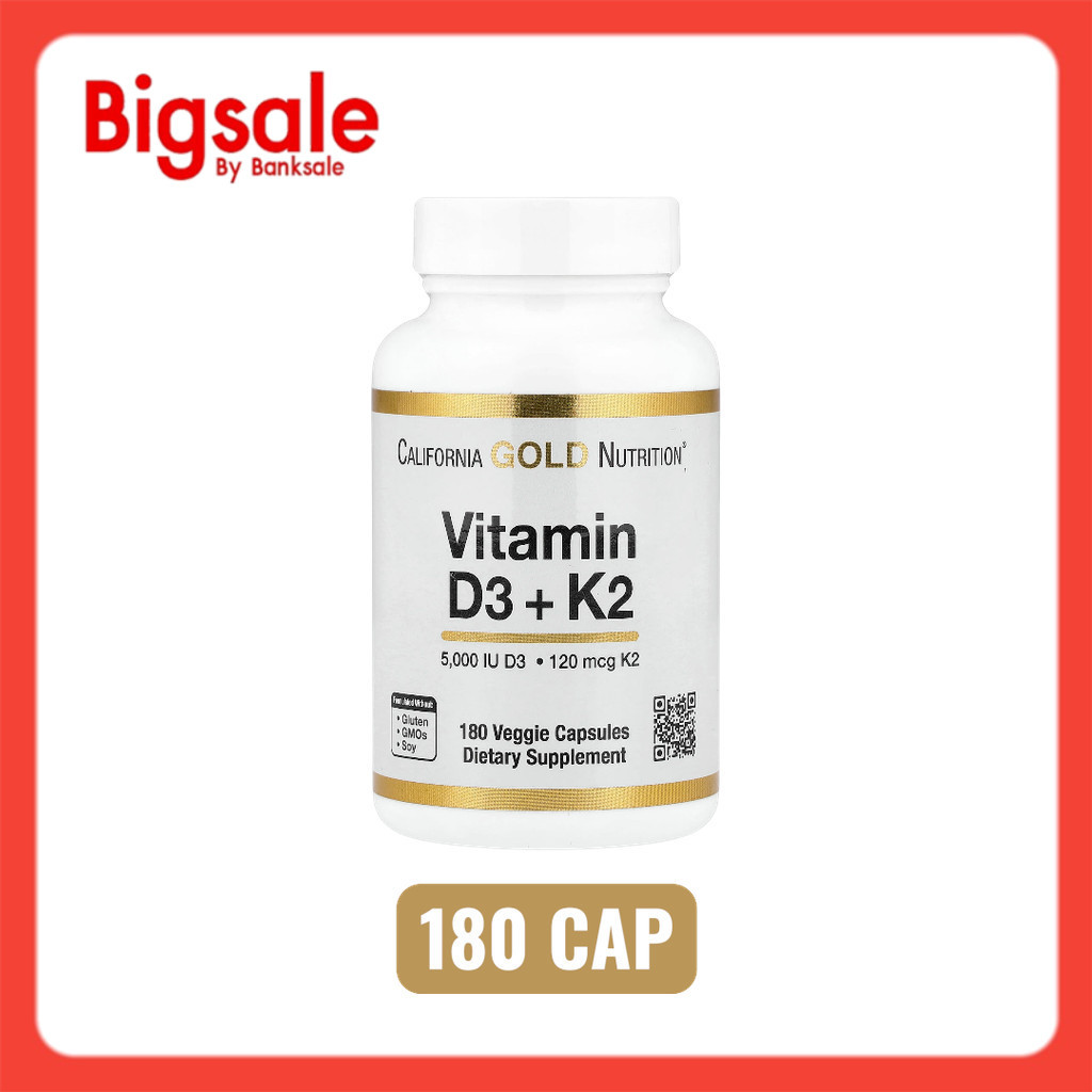 California Gold Nutrition Vitamin D3 + K2 as MK-7  180 Veggie Capsules