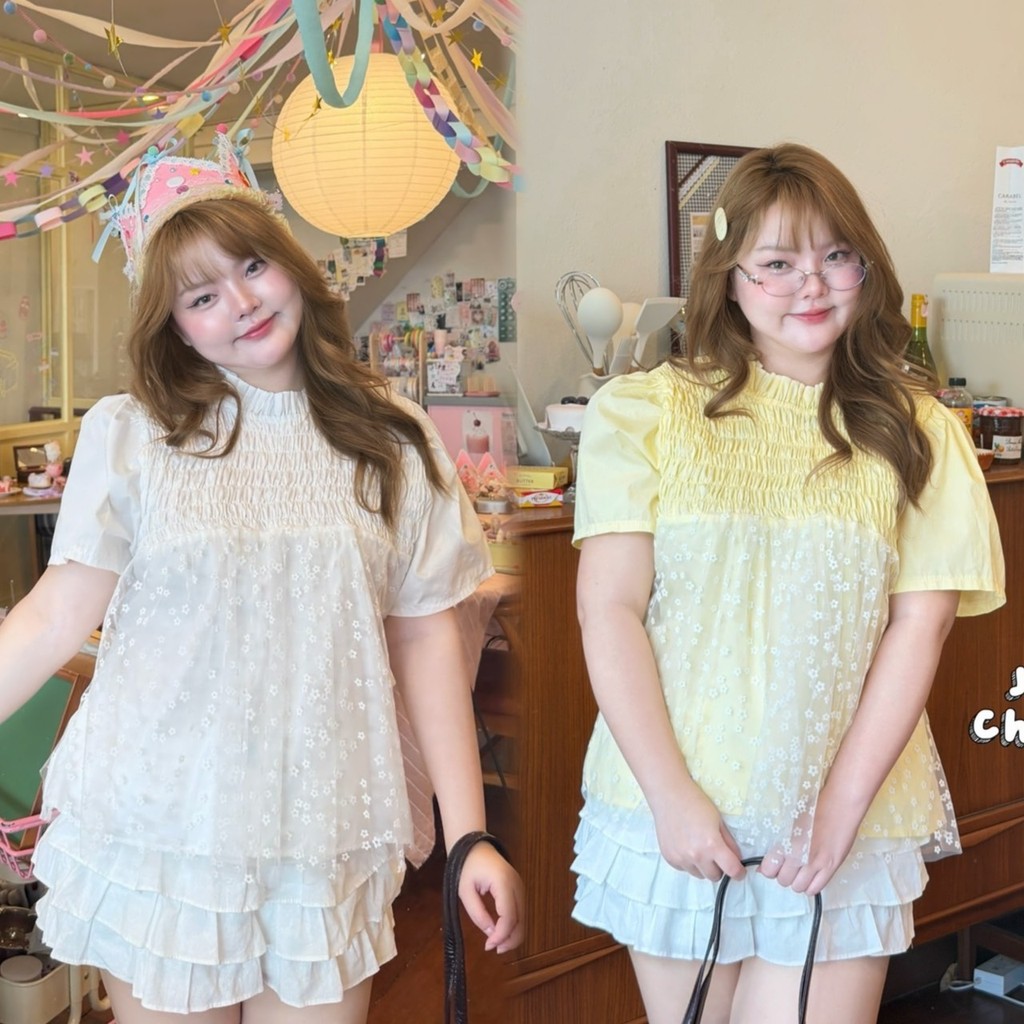 JIRA Cotton - เสื้อคอตตอน 100% คอกลม สม็อคอกแต่งมุ้งดอกไม้  อกฟรีไซส์ 38-50 นิ้ว เสื้อสาวอวบ