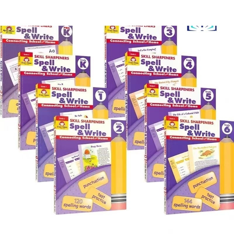 YJJJ Evan Moor Skill Sharpeners Spell & Writing Grade Pre K/ K/1/2/3/4/5/6 โรงเรียนอนุบาล-นักเรียนชั