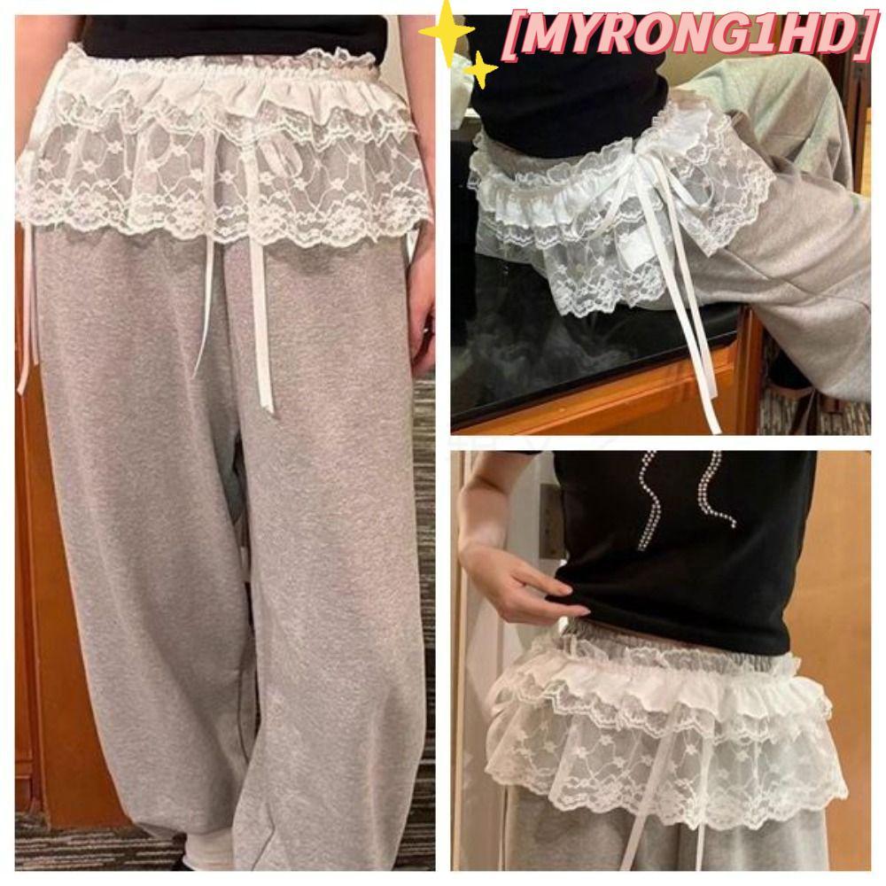 MYRONG1HD Lace Up Ruffles กระโปรง,ดูผ่านปักดอกไม้ลูกไม้กระโปรงมินิ, Harajuku Y2K Streetwear กระโปรงจ
