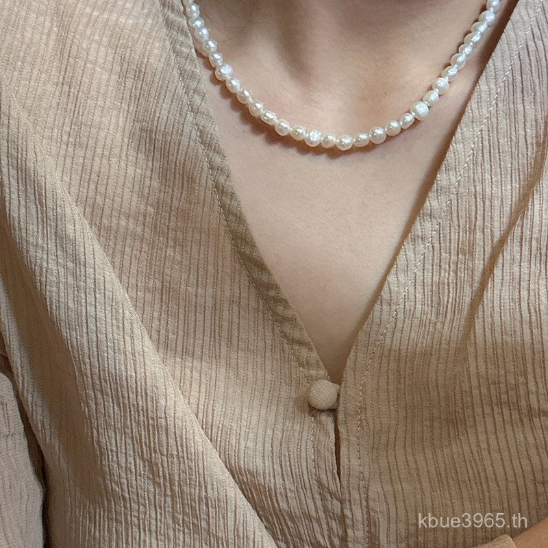 เกาหลี s925 สร้อยคอ Simple Pearl Chain รุ่น Niche Design Silver ดึงไม่สม่ําเสมอ Basic Clavicle รุ่นส