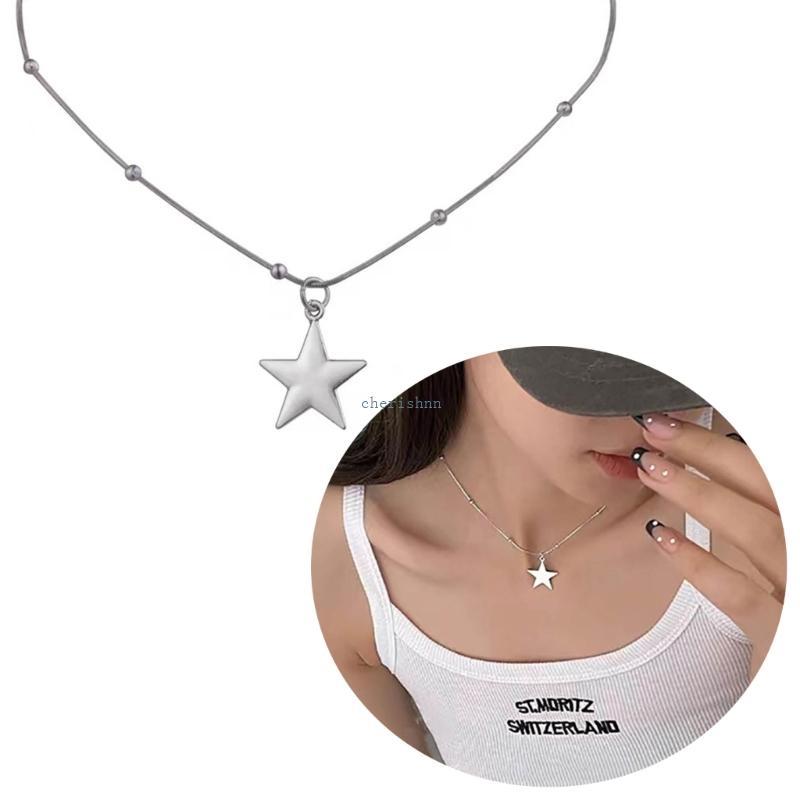 CH * Y2k สไตล์ Star จี้สร้อยคอรอบลูกปัดสร้อยคอโลหะผสม Texture Star จี้คอเครื่องประดับปัจจุบันสําหรับ