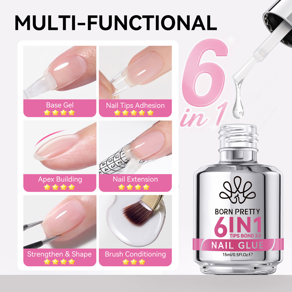 BORN PRETTY ใหม่ 2.0 6-in-1 กาวทาเล็บเจลยาทาเล็บ Strengthener เล็บปลอมเคล็ดลับฐานเจล Top Coat Soak Off Building Nail Art 15ml