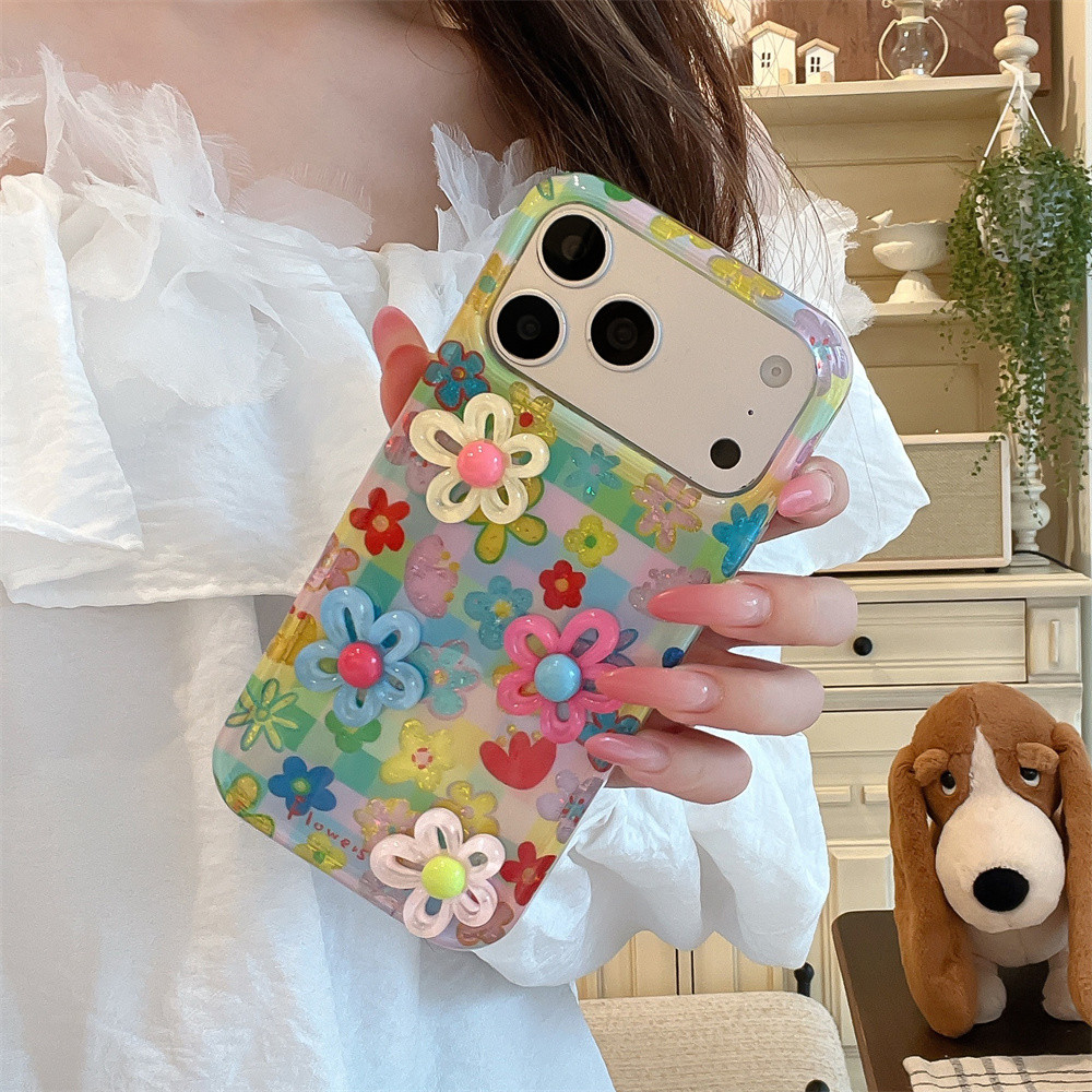 3D ดอกไม้ตกแต่งสําหรับ iPhone 16 14 15 17 Pro Max 16 Pro Max เกาหลีสีสัน glitter ดอกไม้ไข่มุกเงา IMD กันกระแทกนุ่ม