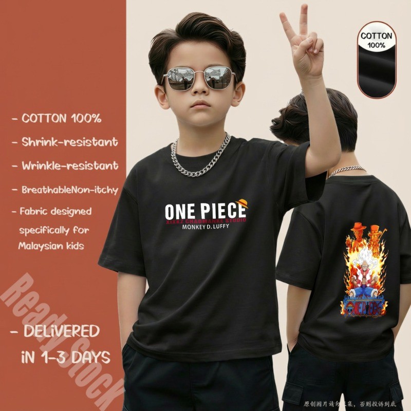 One Piece Monkey D Luffy TShirt Budak Lelaki 100% Cotton Premium Short Sleeve Crew Neck TShirt