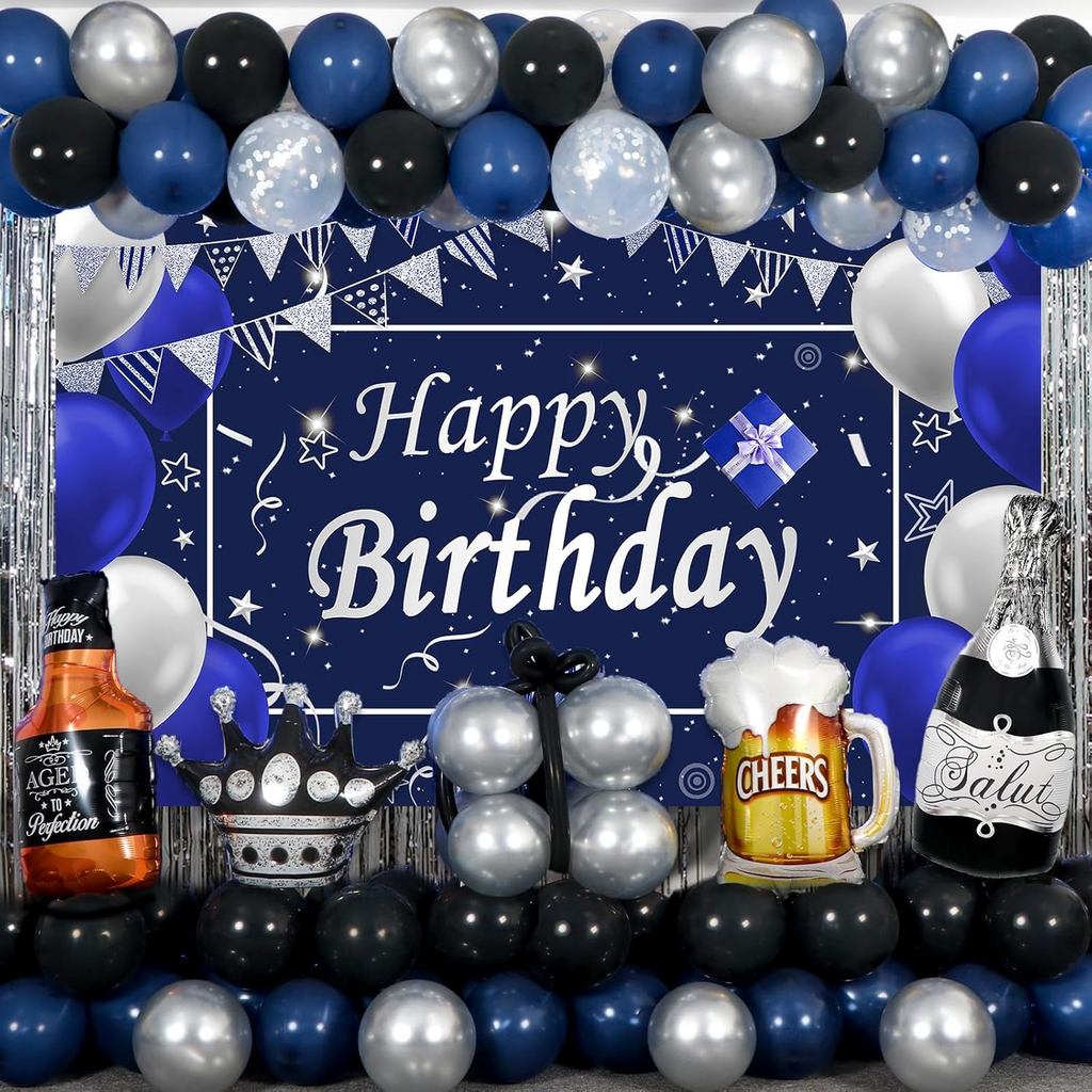 Blue Happy Birthday ตกแต่งสําหรับชาย, 89 ชิ้นสีฟ้าสีดําวันเกิดตกแต่งชุดฉากหลังแบนเนอร์ฟอยล์บอลลูน Fr