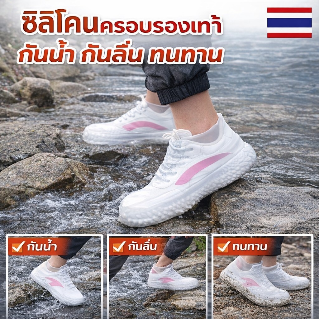 ปลอกครอบรองเท้าซิลิโคนกันน้ำ กันฝน กันโคลน กันลื่น ยืดหยุ่นสูง ใส่รองเท้าได้หลายแบบ พกพาง่าย