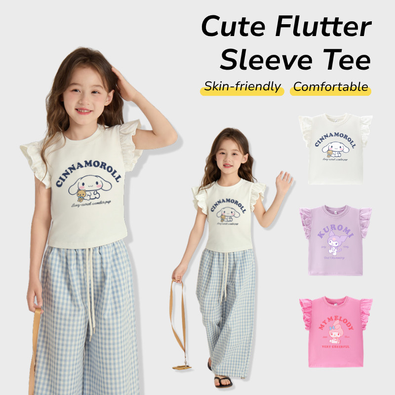 เสื้อยืดผ้าฝ้ายแขนระบายสำหรับเด็กหญิง ออกแบบน่ารัก cartoon พิมพ์ลาย สวมใส่ง่ายในฤดูร้อน