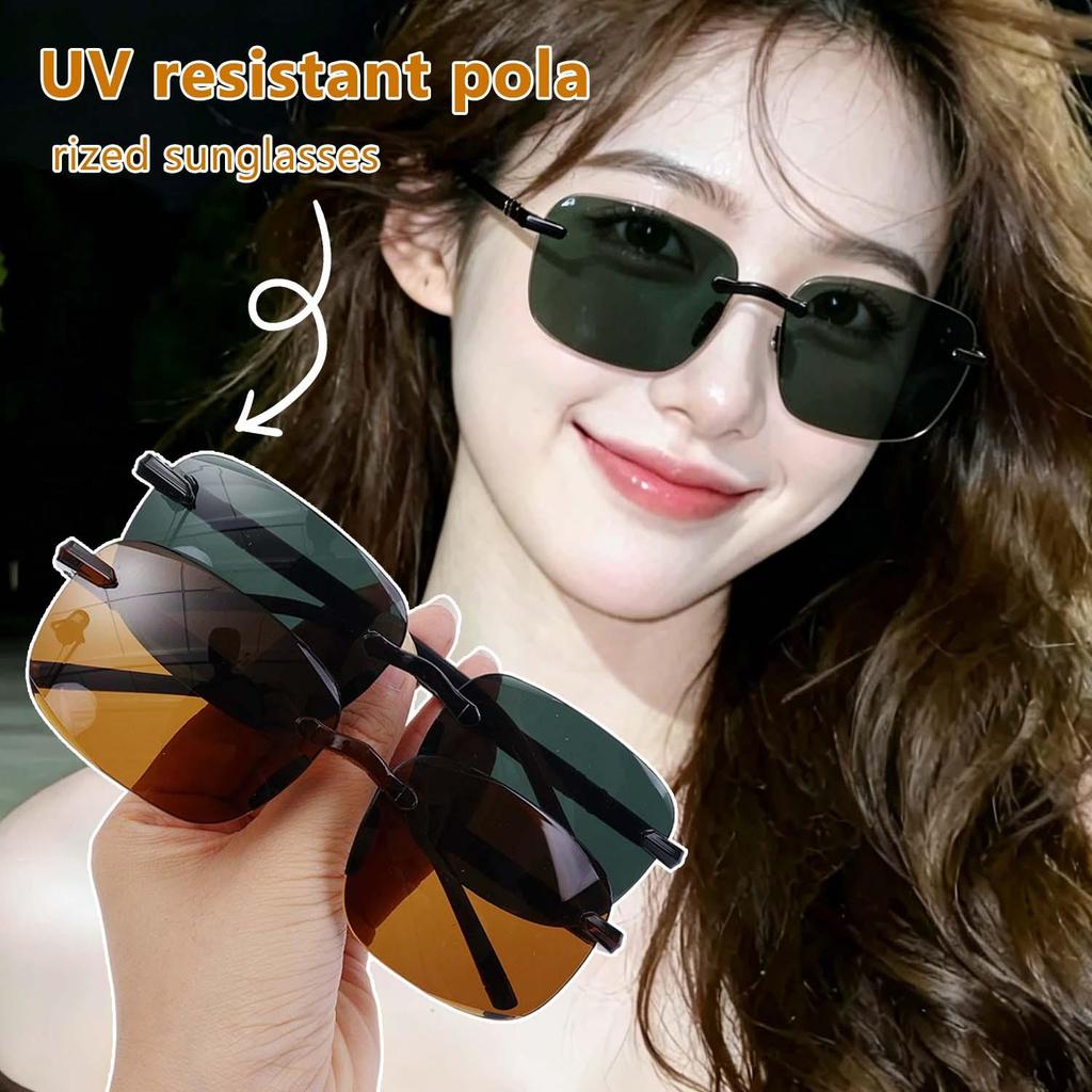 แว่นกันแดดทรงสี่เหลี่ยมผืนผ้าไร้กรอบ Y2K - เลนส์โพลาไรซ์ UV380 กรอบโลหะน้ำหนักเบา - แฟชั่นสำหรับสาวๆทุกวัน