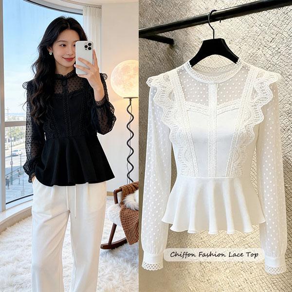 [สินค้าพร้อมส่ง]#เสื้อชีฟองลูกไม้แฟชั่นสไตล์ฝรั่งเศสผู้หญิงไซส์ เสื้อไซส์ใหญ่พร้อมสัมผัสแห่งความหรูหราอย่างมีระดับ#W699