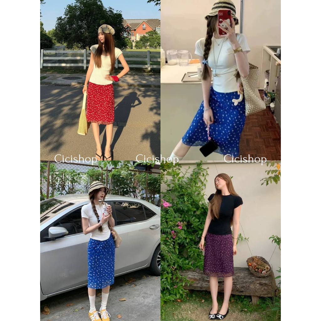 Cicishop(2602) กระโปรงลายดอกไม้เกาหลี มีซับในและซิปข้าง ผ้าชีฟองเบาสบาย มีช่องใส่เข็มขัดน่ารักๆ เหมาะสำหรับฤดูร้อน