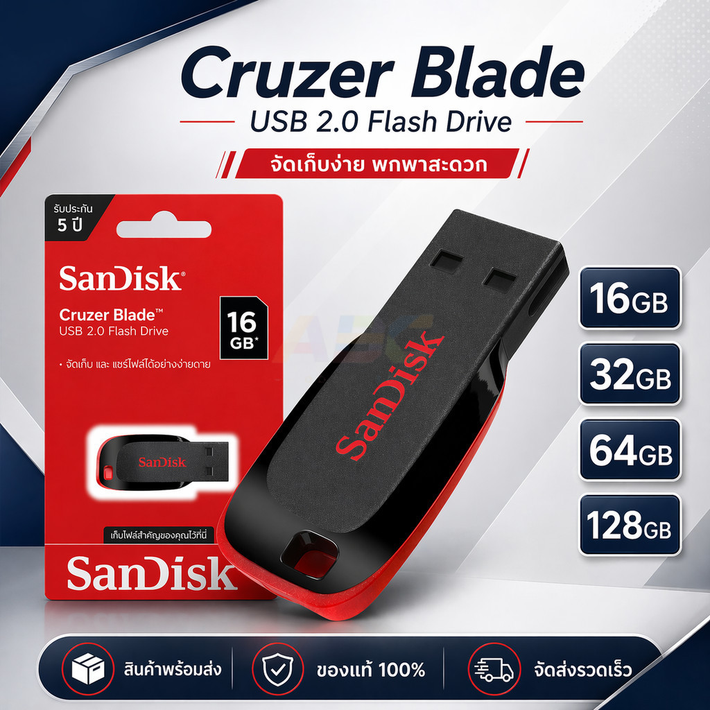 (ส่งด่วน) SanDisk แฟลชไดรฟ์ USB2.0 16GB 32GB 64GB 128GB FlashDrive ความเร็วสูง ของแท้ ประกัน 5 ปี