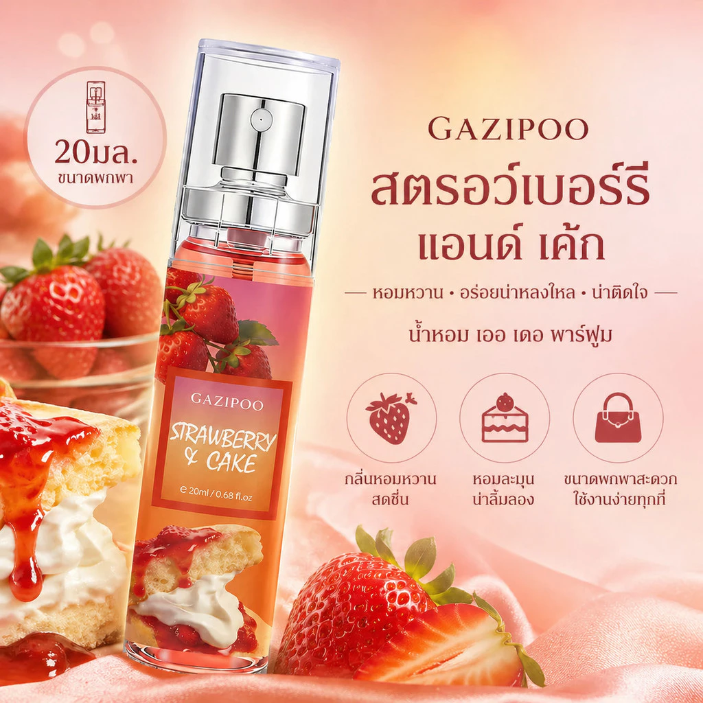 GAZIPOO น้ำหอมพกพา กลิ่น Strawberry & Cake 🍓🍰 (20ml) หอมหวานละมุน นุ่มนวล สไตล์ขนมหวานน่ากิน พกพาสะดวก
