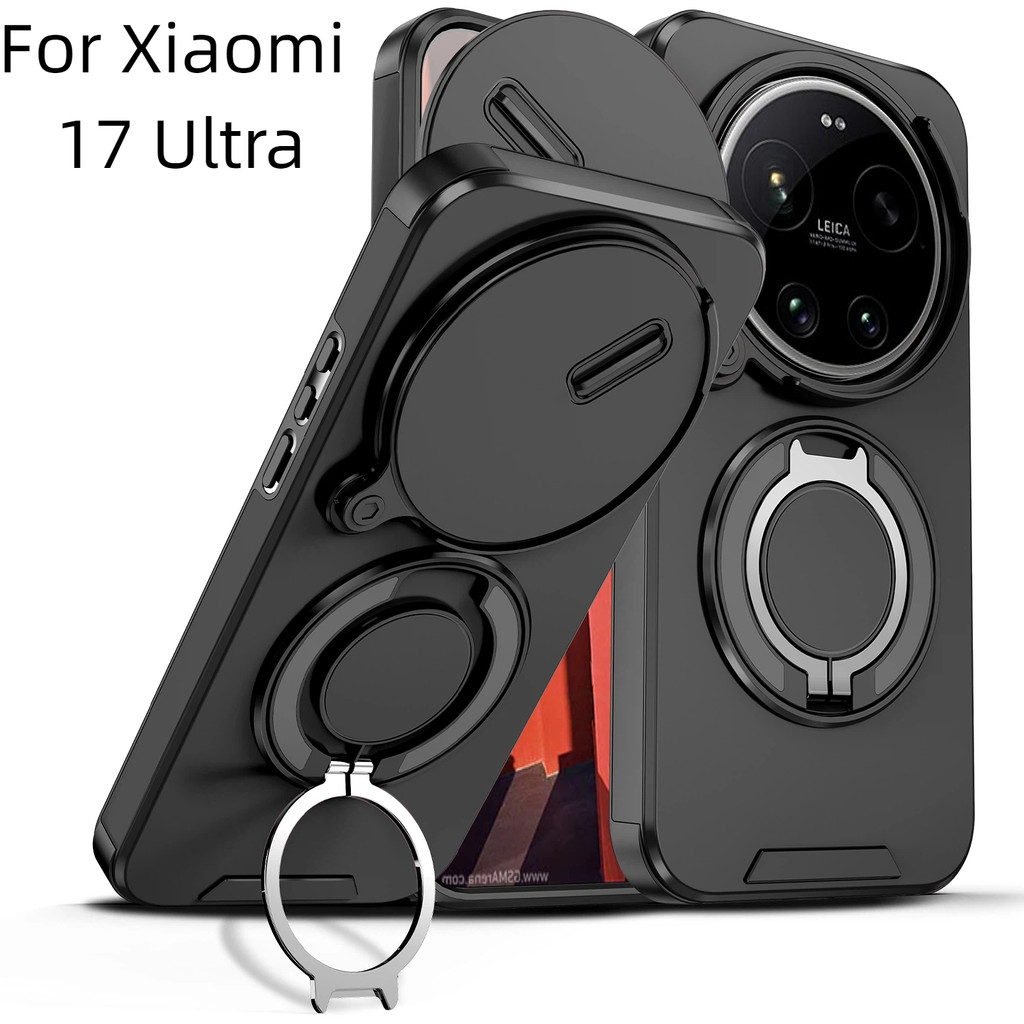 สําหรับ Xiaomi 17 Ultra 17Ultra กรณี 360o แหวนโลหะขาตั้ง 2in1 TPU PC สไลด์กล้องเลนส์ Protector Matte