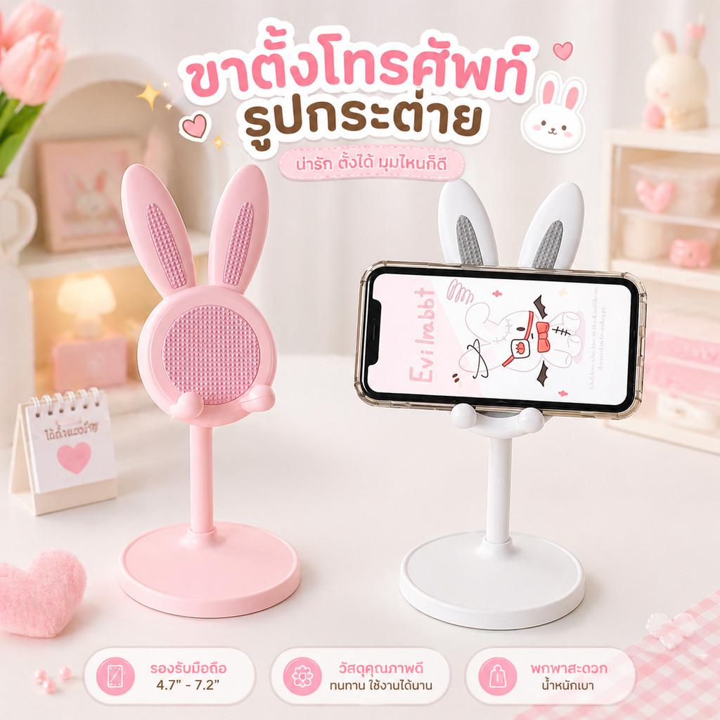 ขาตั้งโทรศัพท์ ที่วางโทรศัพท์ ลายกระต่ายน่ารัก ปรับความสูงได้ แบบพับได้ ใช้กับมือถือและแท็บเล็ต พร้อมส่ง
