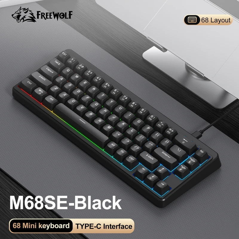 FREEWOLFM68SEMiniGamingKeyboardWiredRGBDazzlinglights67Keys60%PortableKeyboardforOffice/Gaming