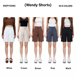 KEEPYOUNG [S-4XL] ขาสั้นกระบอกใหญ่สามส่วน เอวสูง ผ้าหน้า เบสิคไอเท็ม รุ่น WENDY SHORTS