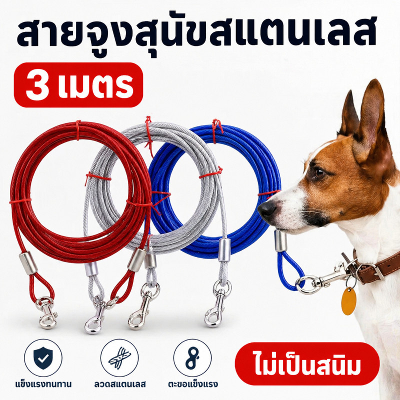 COD 3M พร้อมตะขอเกี่ยว 2 ด้าน เชือกสุนัขสแตนเลสโซ่จูงสุนัข อุปกรณ์สัตว์เลี้ยง ลวดสลิงจูงสุนัข