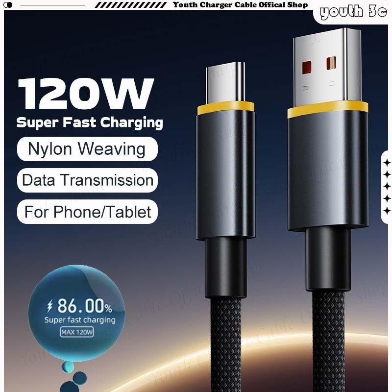120W Super Fast สายชาร์จข้อมูล USB ถึง Type C สายชาร์จโทรศัพท์ Tear-proof ไนลอนทอผ้า 5A สายชาร์จสําหรับโทรศัพท์/แท็บเล็ต