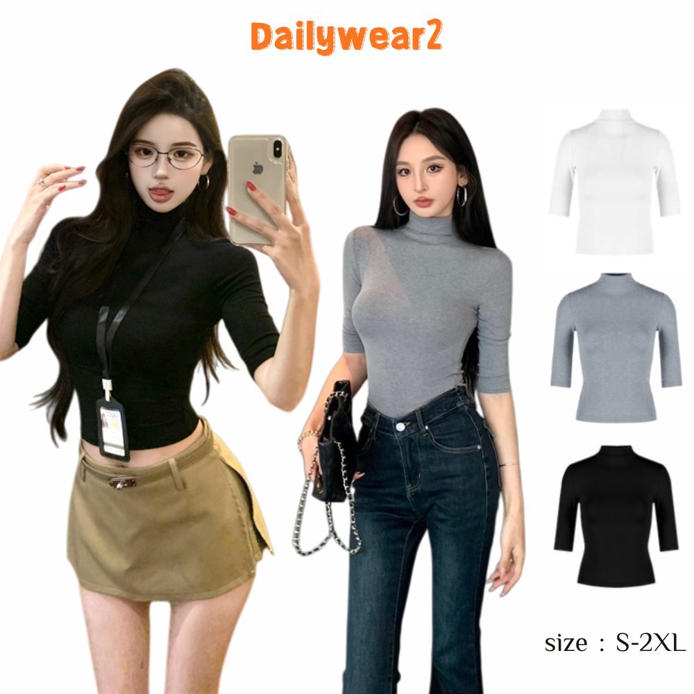 Dailywear พร้อมส่ง ✨ เสื้อยืดแขนสั้นคอเต่าครึ่งตัวผู้หญิงเสื้อด้านล่างแขนยาวบางพอดีเสื้อถักนิตติ้งแขนกลาง