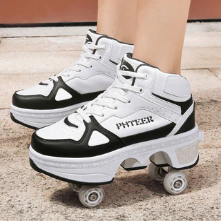 Big สี่ล้อ Pulley รองเท้าชายหญิงเด็ก Runaway Shoelaces ล้อกีฬารองเท้าสเก็ตบอร์ดกลางแจ้ง Double-Row Roller Skates One-Button สวิทช์ Au