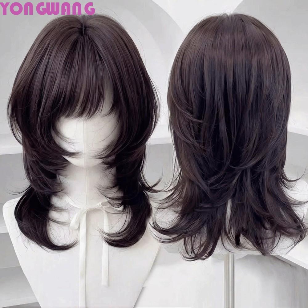 YONGWANG66HR แมงกะพรุนวิกผม Bangs, สังเคราะห์สีน้ําตาลสีดําขนาดกลางตรง Layered วิกผม, น่ารัก Mullet 