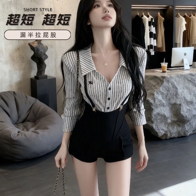 ลายเสื้อสูทผู้หญิงชุดสองชิ้น Gao Zhi Pure Desire ชุดเอี๊ยมสั้นพิเศษ Yujie Commuter สไตล์ฤดูร้อนอารมณ์ลดอายุ