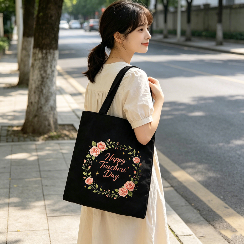 Teachers Day Black Tote Bag / Beg Tote Hitam Hari Guru - Happy Teachers Day Rose Floral Canvas Bag เ