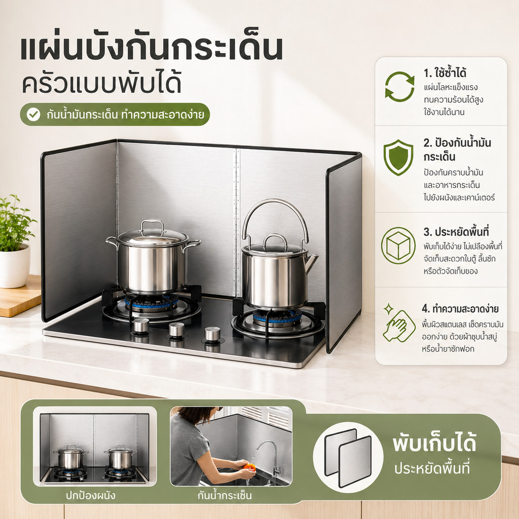 ฉากกั้นน้ำมัน แผ่นกั้นเตาแก๊ส พับเก็บง่าย ประหยัดพื้นที่ กันน้ำมันกระเด็น 100% มีให้เลือก 2 ขนาด