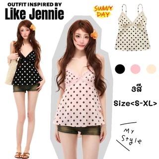 Jennie 🌺พร้อมส่ง🍨เสื้อสายเดี่ยวลายจุด คอวี แต่งขอบลูกไม้ สไตล์สวยละมุนและสาวลาเมด ดีไซน์โดดเด่น มีไซส์ S-XL