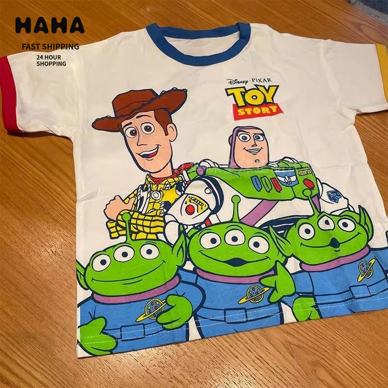 คลังพร้อม 80-140 เวอร์ชั่นเกาหลีของเล่นญี่ปุ่น Story Buzz Lightyear สามตาเด็กทารกเด็กผ้าฝ้ายแท้บางแขนสั้นเสื้อยืดอินเทรนด์