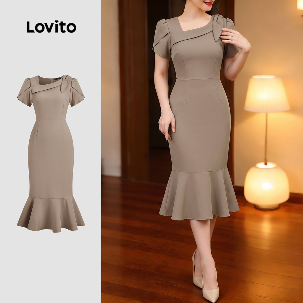 Lovito สง่างาม เดรสผู้หญิงหรูหรา ชายระบายชายกระโปรง ทรงไม่สมมาตร พื้นผิวฤดูใบไม้ผลิ/ฤดูร้อน สีกากี LK4AD395