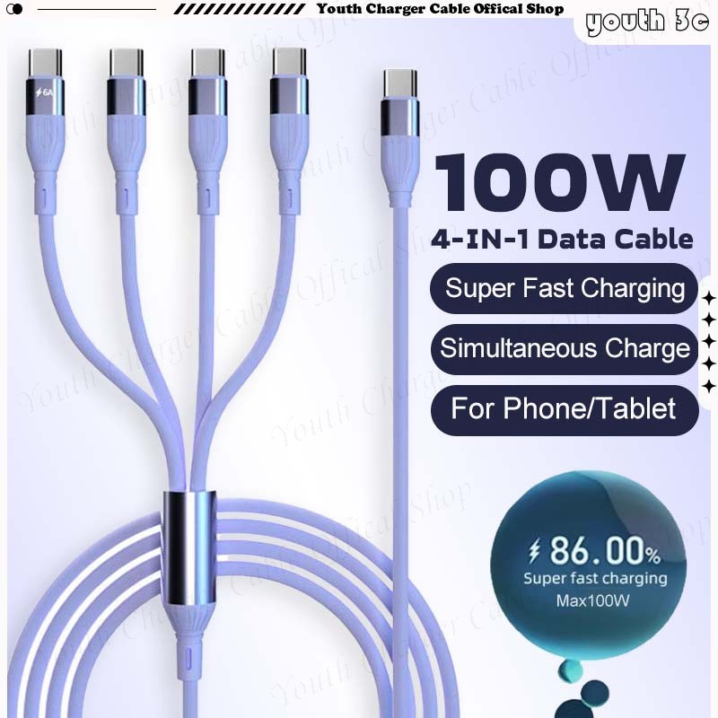 4-in-1 Type C ถึง 4Type C สายชาร์จข้อมูลโทรศัพท์ 100W Super Fast CHARGING สาย USB-C ซิลิโคนอ่อนนุ่มสายชาร์จรถสําหรับโทรศัพท์/แท็บเล็ตรองรับการชาร์จพร้อมกัน