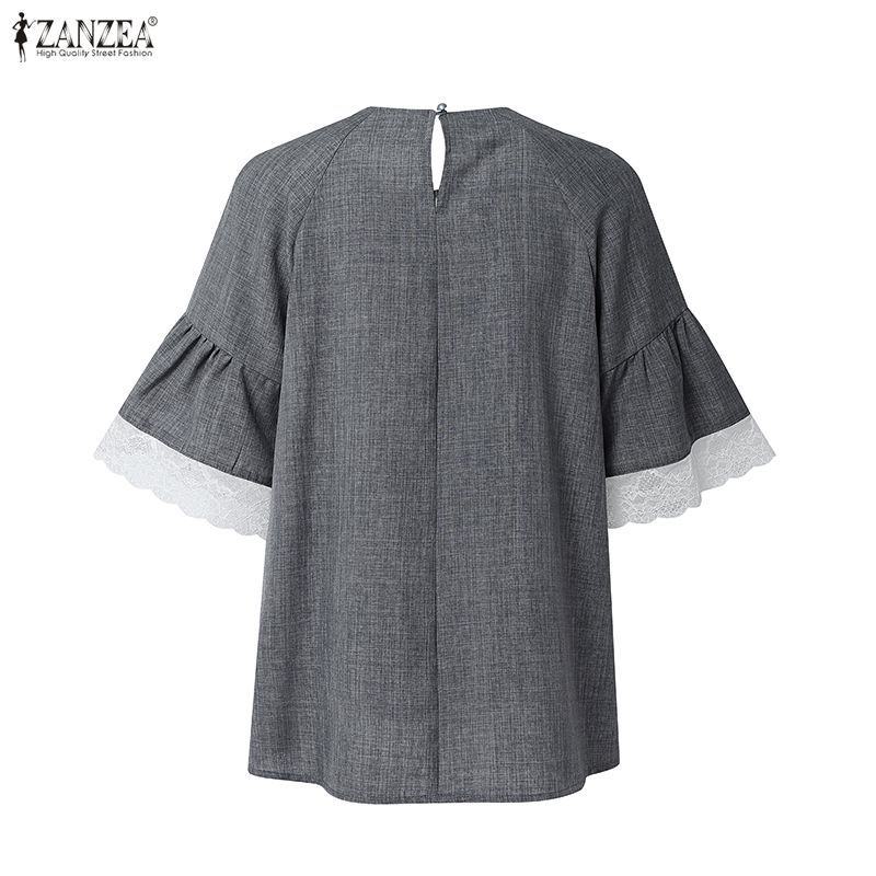 ZANZEA ใส่ ซานเซีย ผู้หญิงเกาหลีสบายๆรอบคอครึ่งแขนหลวมนัวเนียแขนลูกไม้ ประกบกัน เสื้อ — صورة 8
