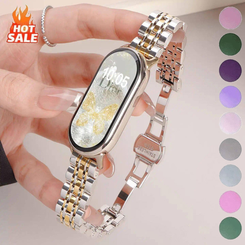 สายสแตนเลสสําหรับ iaomi Band 10/9/8 NFC Ceramic Edition สายรัดข้อมือโลหะหรูหราสําหรับผู้หญิงและผู้ชายสายรัดข้อมือกีฬาฤดูร้อน