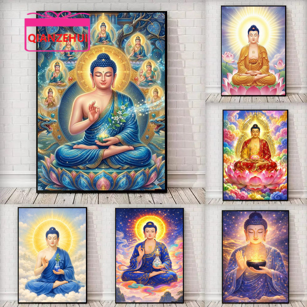 พุทธศากยมุนีพระพุทธรูป5ง งIY ประดิษฐ์เพชรจิตรกรรมชุด,ฝังรอบเพชรเต็ม พลอยเทียม วางลูกปัดจิตรกรรมปักครอสติศิลปะหัตถกรรมสําหรับบ้านตกแต่งผนัง