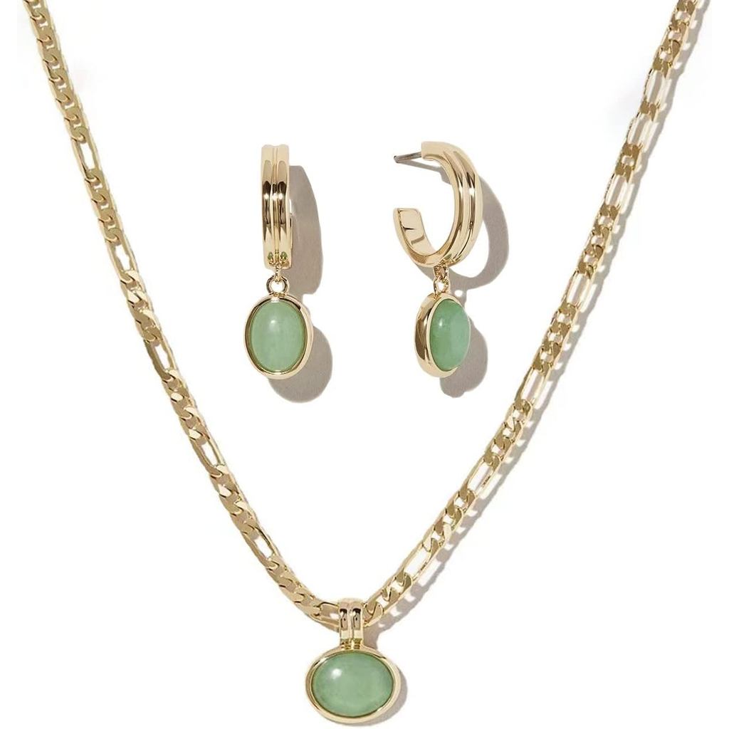 DISTANT DRUMS ชุดเครื่องประดับหิน Aventurine สีเขียวเรียบง่ายสําหรับผู้หญิง,Hoop ต่างหู,สร้อยข้อมือ,