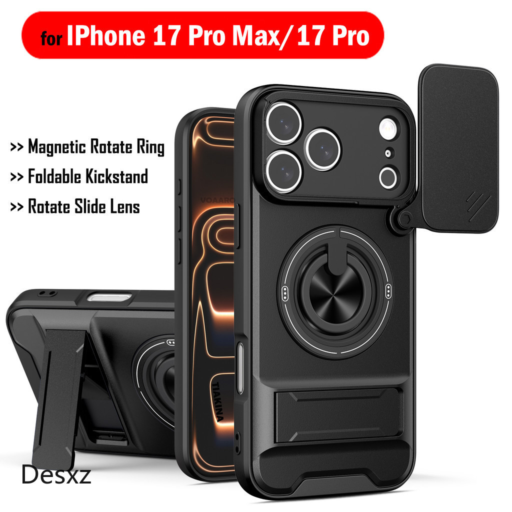 ใหม่หมุนสไลด์เลนส์FundaสําหรับIphone 17 Pro Maxกรณีแหวนแม่เหล็กสําหรับIphone 17 ProกรณีพับKickstandเกราะปลอก
